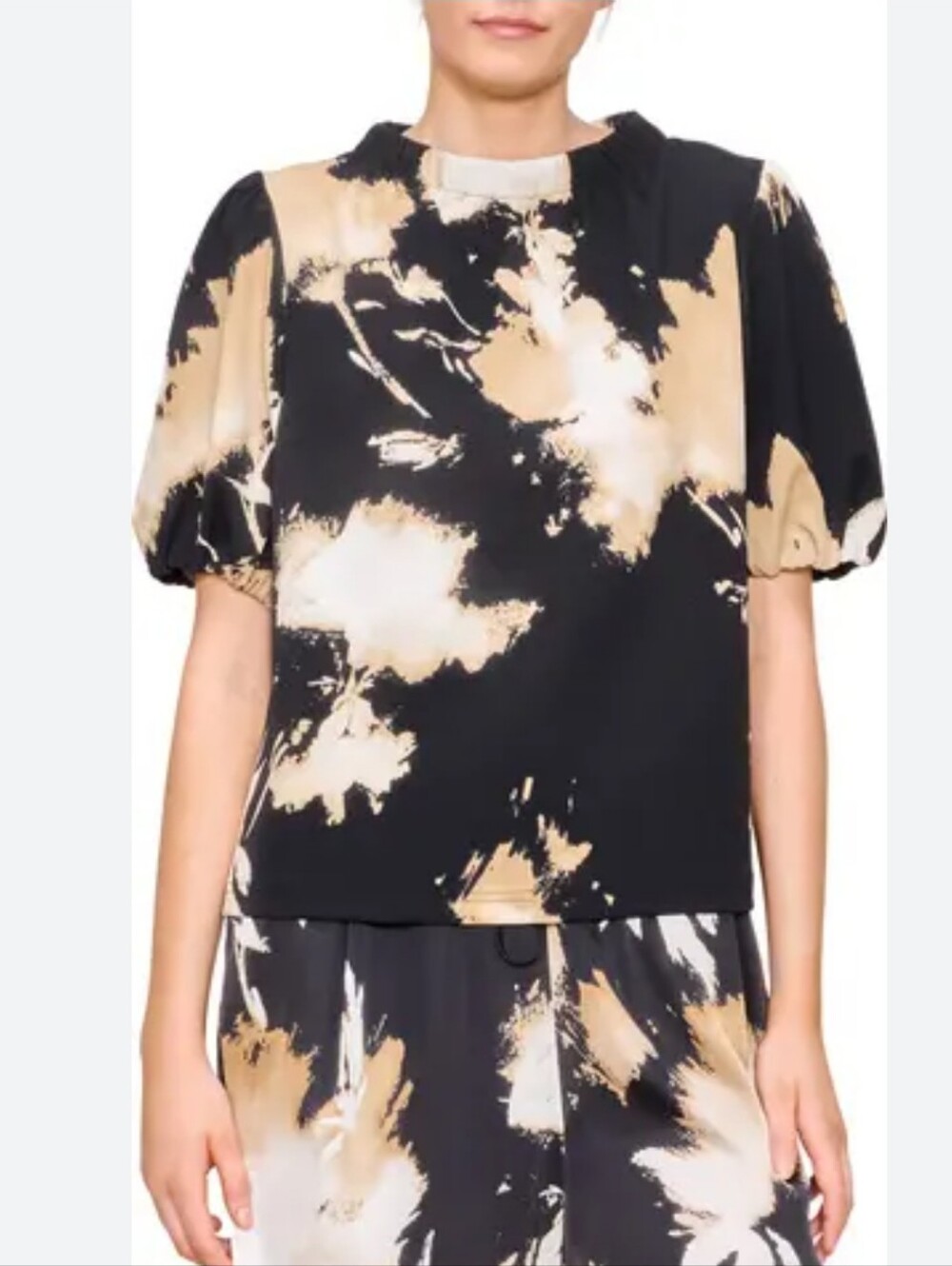 Black & Beige Abstract Mock Neck Puff-Sleeve Top - Size M